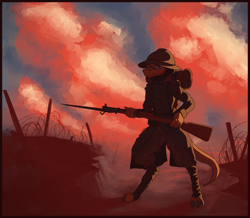 Size: 2258x1968 | Tagged: safe, artist:phi, oc, oc only, oc:geo simonsberg, dragon, france, gun, helmet, hood, kobold, military, rifle, solo, weapon, world war i