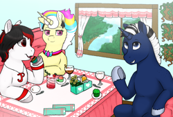 Size: 1896x1279 | Tagged: safe, artist:69beas, oc, oc only, oc:shabaco, oc:tiorafa, oc:trinity deblanc, earth pony, pony, unicorn, accessories, collar, colored hooves, commission, cupcake, digital art, drink, eating, female, food, freckles, frog (hoof), glass, group, jessie's cupcakes, jewelry, male, mare, plate, sitting, stallion, strawberry, table, talking, tree, underhoof, vase, window