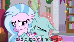 Size: 1280x720 | Tagged: safe, edit, edited screencap, screencap, ocellus, silverstream, changeling, classical hippogriff, hippogriff, the hearth's warming club, crying, cute, descriptive noise, diaocelles, diastreamies, duo, sad, sadorable