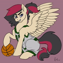 Size: 2600x2600 | Tagged: safe, artist:luckyponytattoo, oc, oc only, oc:porsche speedwings, pegasus, pony, >:d, athlete, ball, basketball, clothes, colored, dress, eyebrows, flat colors, hoof on ball, looking at you, male, pegasus oc, ponytail, raised hoof, shorts, simple background, sleeveless, sleeveless dress, solo, sports, sports dress, spread wings, stallion, tailband, wings
