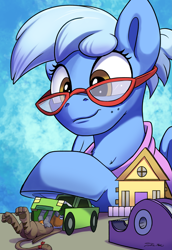 Size: 3461x5030 | Tagged: safe, artist:tsitra360, oc, oc:ivory drop, oc:thumbtack, griffon, pegasus, pony, cardboard, cute, diorama, freckles, glasses, helping hoof, micro, tape, underhoof