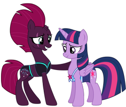 Size: 12012x10137 | Tagged: safe, alternate version, artist:ejlightning007arts, derpibooru import, tempest shadow, twilight sparkle, twilight sparkle (alicorn), alicorn, unicorn, base used, bikini, broken horn, clothes, equestria girls outfit, eye scar, female, hoof on shoulder, horn, lesbian, mare, scar, shipping, simple background, smiling, swimsuit, tempestlight, transparent background, vector