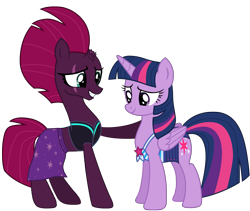 Size: 12012x10137 | Tagged: safe, alternate version, artist:ejlightning007arts, derpibooru import, tempest shadow, twilight sparkle, twilight sparkle (alicorn), alicorn, unicorn, base used, bikini, broken horn, clothes, equestria girls outfit, eye scar, female, hoof on shoulder, horn, lesbian, mare, sarong, scar, shipping, simple background, smiling, swimsuit, tempestlight, transparent background, vector