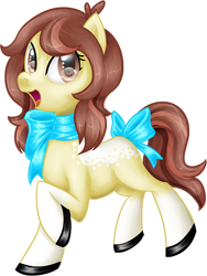 Size: 502x668 | Tagged: safe, artist:ettueem, oc, oc only, earth pony, pony, bow, bowtie, colored hooves, earth pony oc, female, mare, open mouth, simple background, smiling, socks (coat marking), tail bow, transparent background