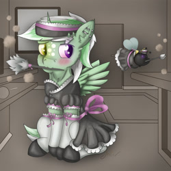 Size: 2500x2500 | Tagged: safe, artist:jesterpi, oc, oc:buzbuz, oc:jester pi, alicorn, bee, insect, bow, clothes, crossdressing, cute, dusting, glow, happy, heterochromia, home, horn, house, maid, shelf, wings, work, working