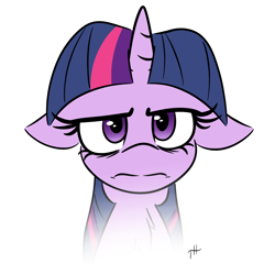 Size: 3250x3250 | Tagged: safe, artist:fakskis, derpibooru import, twilight sparkle, pony, unicorn, bags under eyes, bust, chest fluff, female, floppy ears, frown, grumpy, grumpy twilight, looking at you, mare, portrait, simple background, solo, twilight is not amused, unamused, white background