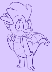 Size: 623x858 | Tagged: safe, artist:woollily, spike, dragon, blushing, cute, cute little fangs, fangs, looking at you, male, monochrome, purple background, simple background, smiling, solo, spikabetes, spread wings, winged spike, wings