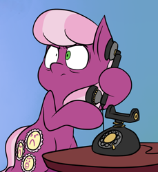 Size: 566x617 | Tagged: safe, artist:anontheanon, cheerilee, earth pony, semi-anthro, angry, bipedal, blue background, cropped, female, hoof hold, mare, phone, rotary phone, simple background, solo, telephone