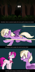 Size: 1864x3872 | Tagged: safe, artist:pencil bolt, oc, oc only, oc:pinkfull night, oc:ruby radiance, bat pony, pony, unicorn, bat pony oc, bat wings, broken glass, bullet, chase, comic, fangs, female, forest, glasses, glowing eyes, gritted teeth, hunted, looking at each other, looking at you, mare, messy mane, reassurance, running, scratches, shadow, slit eyes, staring at you, teenager, wings