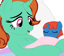 Size: 3688x3208 | Tagged: safe, artist:optimusv42, bright eyes, oc, oc:bright mind, pony, unicorn, g1, my little pony tales, fan version, female, friendship troopers, mother, mother and child, mother and daughter, mother and foal, my little pony friendship troopers, newborn, newborn baby, newborn filly, parent and child, simple background, transparent background