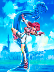 Size: 3101x4141 | Tagged: safe, artist:mauroz, derpibooru import, pinkie pie, human, alternate hairstyle, anime, armpits, battle suit, belly button, breasts, city, cloud, cutie mark, humanized, ice, magical girl, open mouth, pinkie pies, sky, water