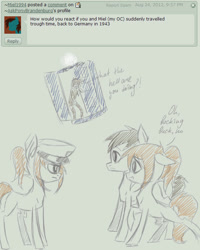 Size: 1000x1250 | Tagged: safe, artist:askponybrandenburg, oc, earth pony, human, pony, ask, brandenburg, female, hat, hetalia, male, mare, ponified, self ponidox, stallion, time travel, unamused