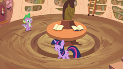 Size: 2000x1125 | Tagged: safe, derpibooru import, screencap, spike, twilight sparkle, unicorn twilight, dragon, pony, unicorn, it's about time, duo, female, golden oaks library, horsehead centerpiece, male, mare, pacing a trench, trench