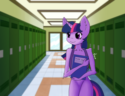 Size: 3300x2550 | Tagged: safe, artist:radioactive nero, derpibooru import, twilight sparkle, anthro, backpack, book, featureless crotch, fluffy, highschool, lockers, smiling