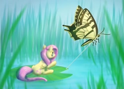 Size: 1024x733 | Tagged: safe, artist:rainspeak, derpibooru import, fluttershy, butterfly, pegasus, pony, atg 2020, female, folded wings, lilypad, mare, newbie artist training grounds, outdoors, pond, ponified, pulling, raised hoof, sitting, smol, solo, thumbelina, tiny, tiny ponies, wings