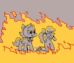 Size: 680x582 | Tagged: safe, artist:kylesmeallie, megan williams, wind whistler, human, pegasus, g1, the magic coins, bow, bowtie, duo, female, fire, gray background, hair bow, mare, megan's fire, redraw, scene interpretation, simple background