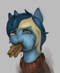 Size: 603x740 | Tagged: safe, artist:jellymaggot, oc, oc:closed book, pony, unicorn, /mlp/, 4chan, bust, churros, clothes, drawthread, food, gentlemen, simple background, solo, sweater, teary eyes