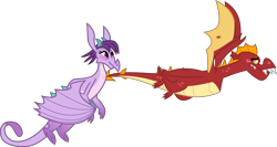 Size: 7500x4000 | Tagged: safe, alternate version, artist:melisareb, garble, prominence, dragon, between dark and dawn, .svg available, absurd resolution, blushing, duo, female, flying, garbinence, inkscape, looking at you, male, shipping, simple background, straight, transparent background, vector