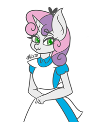 Size: 750x900 | Tagged: safe, artist:melliedraws, sweetie belle, anthro, unicorn, alice, alice in wonderland, clothes, cosplay, costume, female, newbie artist training grounds, simple background, solo, white background