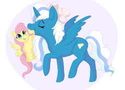 Size: 1051x761 | Tagged: safe, artist:unicryla, derpibooru import, fluttershy, oc, oc:fleurbelle, alicorn, pegasus, pony, alicorn oc, bow, eyes closed, female, hair bow, horn, mare, mouth hold, pacing, plushie, simple background, toy, transparent background, wings