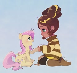 Size: 1200x1153 | Tagged: safe, artist:red_break_zz, derpibooru import, fluttershy, human, pegasus, pony, blue background, boots, bumblebee (dc comics), clothes, crossover, cute, dc superhero girls, female, human and pony, looking at each other, mare, shoes, shyabetes, simple background, sitting, sweater