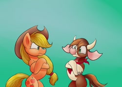 Size: 1280x904 | Tagged: safe, artist:huffy26, derpibooru import, applejack, arizona cow, cow, earth pony, pony, them's fightin' herds, atg 2020, bandana, cloven hooves, community related, cowboy hat, crossed hooves, duo, female, gradient background, hat, mare, newbie artist training grounds, pony arizona cow, square crossover