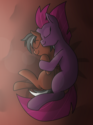 Size: 2010x2688 | Tagged: safe, artist:somber, tempest shadow, oc, pegasus, unicorn, bed, canon x oc, cuddling, duo, female, hug, light, male, mare, shadow, sleeping, spooning, stallion