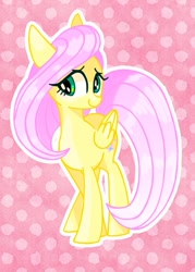 Size: 607x850 | Tagged: safe, artist:stacy_165cut, derpibooru import, fluttershy, pegasus, pony, abstract background, female, folded wings, head turn, looking at you, mare, smiling, solo, standing, wings