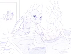 Size: 1024x768 | Tagged: safe, artist:novaintellus, spike, dragon, atg 2020, candle, cooking, dragonfire, flower, frying pan, glass, monochrome, newbie artist training grounds, rose, solo, stove, wine bottle, wine glass, winged spike