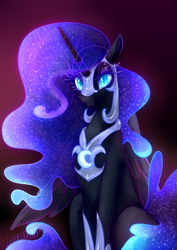 Size: 2480x3508 | Tagged: safe, artist:daryaberry, nightmare moon, alicorn, pony, blue eyes, ethereal mane, eyelashes, female, high res, hoof shoes, horn, jewelry, looking at you, mare, nicemare moon, regalia, signature, sitting, smiling, solo, starry mane, wings