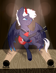 Size: 1024x1324 | Tagged: safe, artist:exagryph, oc, oc:silver bullet, pegasus, pony, guitar, horns, male, musical instrument, solo, stallion