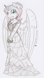 Size: 739x1289 | Tagged: safe, artist:ravenpuff, oc, oc:exquisite star, alicorn, anthro, clothes, dress, female, mare, princess dress, solo, traditional art