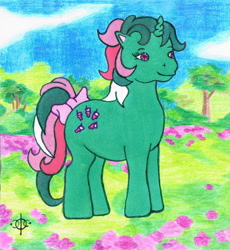 Size: 1578x1712 | Tagged: safe, artist:assertiveshypony, derpibooru exclusive, fizzy, pony, unicorn, g1, blue sky, bow, cute, female, fizzybetes, flower, grassfield, mare, smiling, solo, traditional art, tree