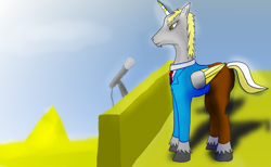 Size: 7680x4719 | Tagged: safe, artist:790113822, oc, oc:golden halo, alicorn, pony, alicorn oc, desert, horn, male, microphone, stallion, wings