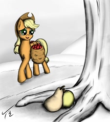 Size: 1024x1138 | Tagged: safe, alternate version, artist:tunrae, derpibooru import, applejack, earth pony, pony, apple, bag, digital art, female, food, hat, implied bright mac, implied pear butter, pear, saddle bag, select colors, solo, tree, walking