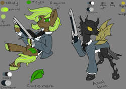 Size: 3508x2480 | Tagged: safe, artist:smol potat, oc, oc only, oc:hoofston, changeling, earth pony, pony, fallout equestria, brown coat, changeling oc, cheeselegs, clothes, cutie mark, disguise, disguised changeling, gangster, green eyes, green mane, gun, male, mobster, reference sheet, shotgun, solo, spread wings, stallion, suit, two toned mane, weapon, wings, yellow changeling