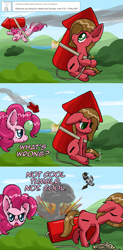 Size: 1185x2404 | Tagged: safe, artist:clouddg, derpibooru import, pinkie pie, oc, oc:pun, earth pony, pony, ask, ask pun, explosion, rocket, sad