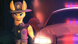 Size: 3840x2160 | Tagged: safe, artist:totally_fox, oc, oc:darren cuffs, earth pony, badge, bulletproof vest, cutie mark, gun, hat, male, night, police, police car, police officer, rain, stallion, weapon