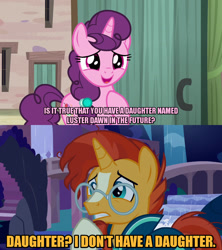 Size: 1280x1440 | Tagged: safe, edit, edited screencap, editor:jaredking203, screencap, sugar belle, sunburst, pony, unicorn, hard to say anything, student counsel, caption, duo, female, glasses, image macro, male, mare, meme, prediction, stallion, sunburst's glasses, text