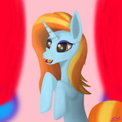 Size: 5000x5000 | Tagged: safe, artist:graphictoxin, sassy saddles, pony, unicorn, absurd resolution, boutique, canon, curtains, female, hooves, lineless, mare, open mouth, simple background, smiling, solo