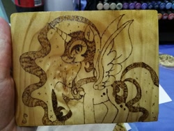 Size: 1280x960 | Tagged: safe, artist:dawn-designs-art, artist:sapphire-burns-art, nightmare moon, alicorn, pony, photo, pyrography, solo, traditional art, wood