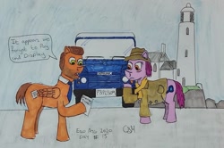 Size: 1083x720 | Tagged: safe, artist:rapidsnap, vera, crossover, dci vera stanhope, detective, land rover, lighthouse, parking ticket, traditional art