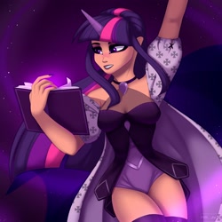 Size: 2000x2000 | Tagged: safe, artist:villjulie, twilight sparkle, human, book, breasts, cleavage, female, horn, horned humanization, humanized, jewelry, lipstick, nail, necklace