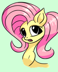 Size: 3508x4356 | Tagged: safe, artist:itchystomach, derpibooru import, fluttershy, pegasus, pony, bust, digital art, female, looking at you, mare, no pupils, open mouth, simple background, solo, teal background, three quarter view