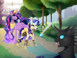 Size: 4724x3543 | Tagged: safe, artist:buvanybu, derpibooru import, princess twilight 2.0, rarity, twilight sparkle, twilight sparkle (alicorn), alicorn, changeling, pony, unicorn, alternate universe, armor, cloud, female, guardsmare, jewelry, lesbian, magic, mare, peytral, rainbow, rarilight, regalia, road, royal guard, shipping, sword, telekinesis, tree, weapon