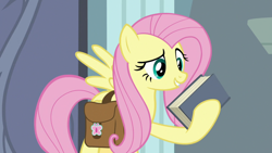 Size: 1920x1080 | Tagged: safe, derpibooru import, screencap, fluttershy, pegasus, pony, daring doubt, bag, book, holding, saddle bag, solo