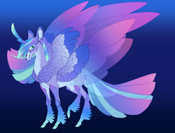 Size: 4334x3300 | Tagged: safe, artist:turnipberry, oc, oc only, changepony, hybrid, blue background, commission, dark background, female, four wings, interspecies offspring, magical lesbian spawn, multiple wings, offspring, parent:queen chrysalis, parent:twilight sparkle, parents:twisalis, realistic horse legs, simple background, solo, transparent wings, unnamed oc, wings