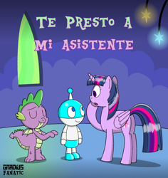 Size: 1714x1819 | Tagged: safe, artist:gradiusfanatic, spike, twilight sparkle, twilight sparkle (alicorn), oc, alicorn, dragon, robot, cover, fanfic, spanish, spanish text