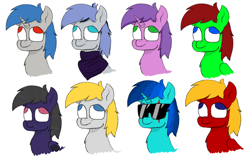 Size: 762x479 | Tagged: safe, artist:72oss, oc, oc:anarchy, oc:calipso bellum, oc:goboton, oc:ponywka, oc:prpout, oc:sunstrike delight, oc:v λ c u u m, oc:waik, bat pony, pegasus, pony, unicorn, derp, simple background