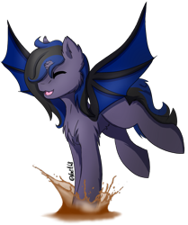 Size: 1123x1344 | Tagged: safe, artist:noxi1_48, oc, oc only, oc:kuro, alicorn, bat pony, pony, alicorn oc, bat pony oc, bat wings, broken horn, happy, horn, jumping, mud, simple background, solo, transparent background, wings